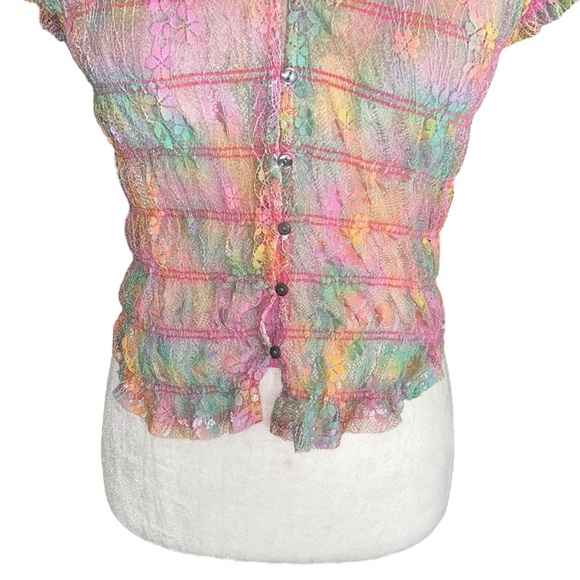 NWOT Free People Julie Printed Lace Mesh Crop Top in Tropical Sunset Combo - S - Picture 7 of 15